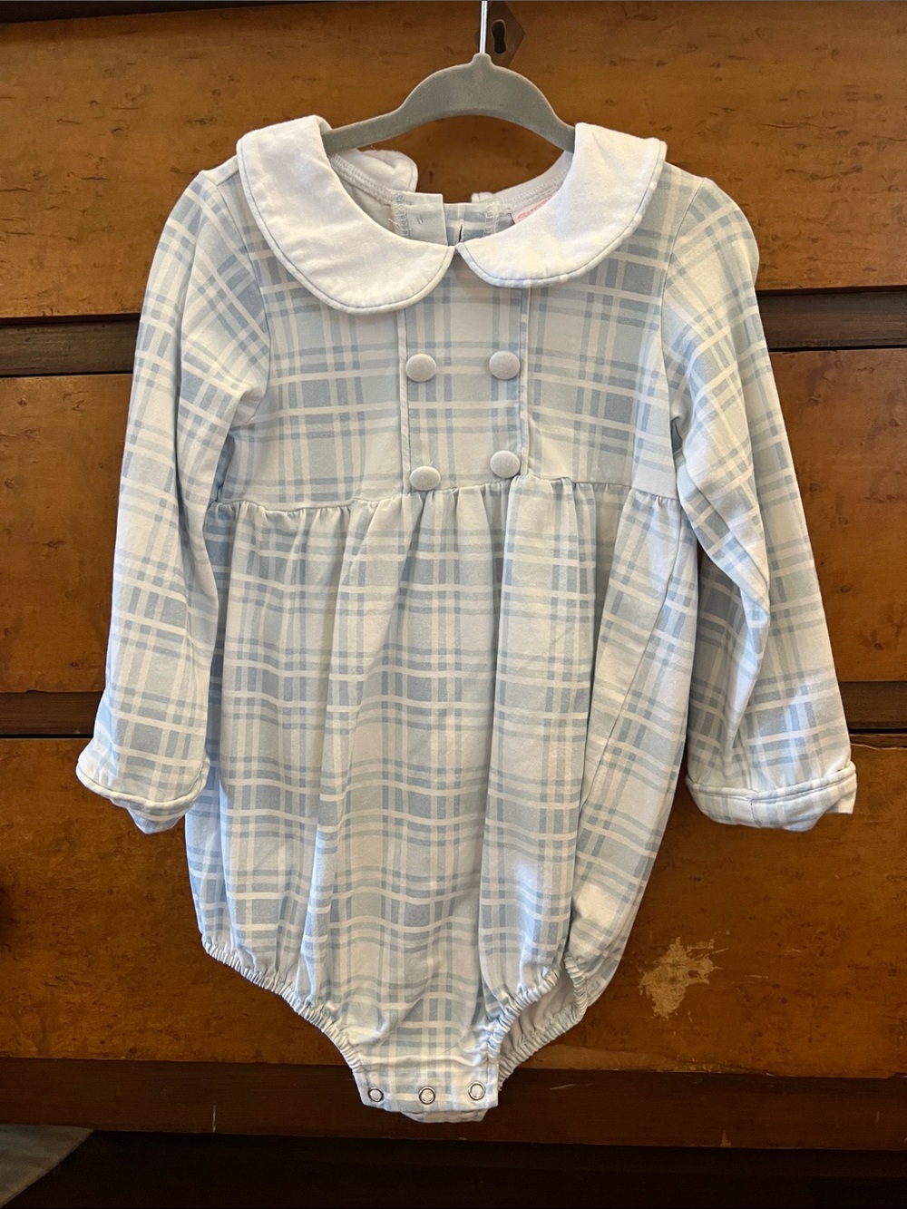 Stitchy Fish Plaid Bubble with Peter Pan Collar - Light Blue & White